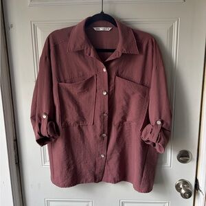 ZARA Oversized Utility Shirt - Mauve / Dusty Rose - Size S - Roll Tab Sleeve